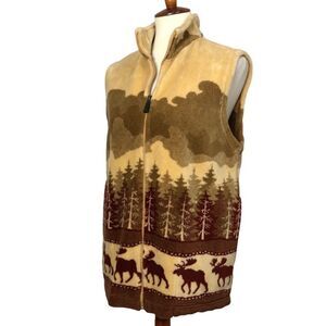 Cityscape Canada Plush Full Zip Vest Landscape  Moose, Forest, Cabin Size Medium